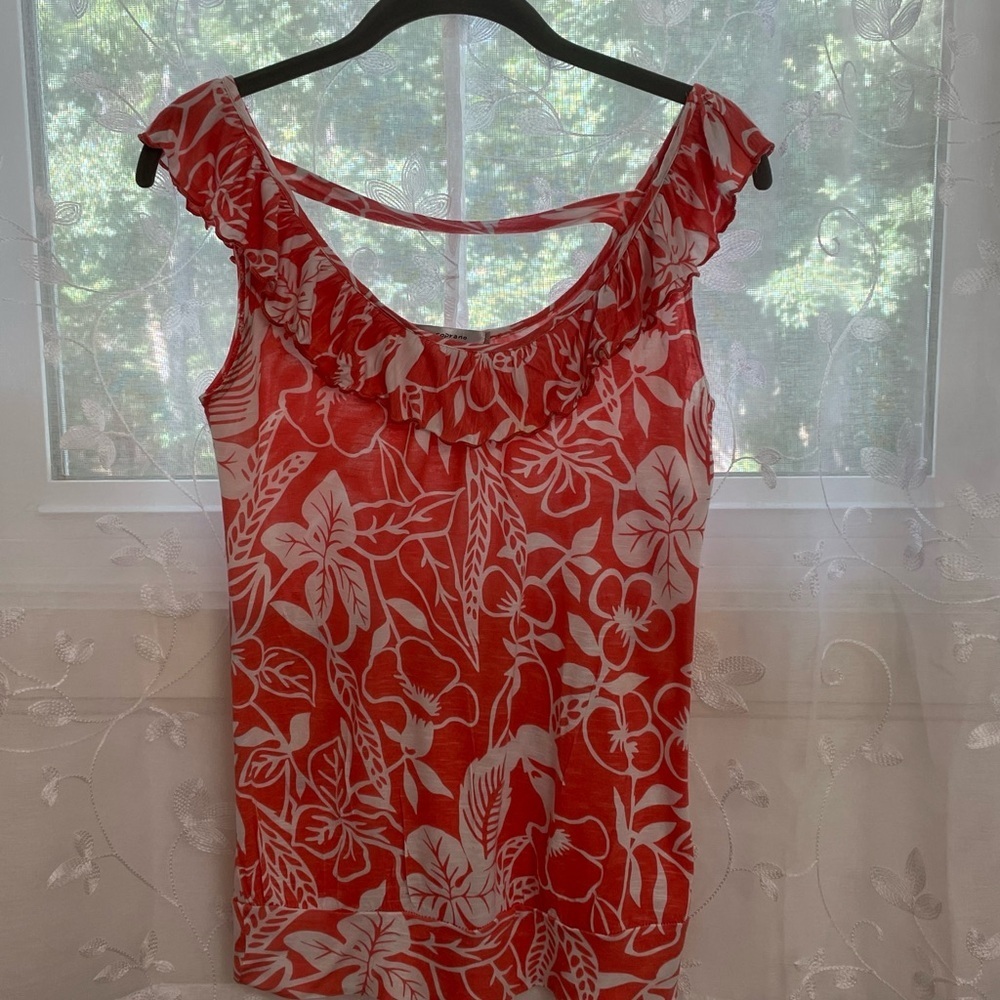 SOPRANO Coral Floral Women's Sleeveless Top. Lightweight With Ruffle Detail